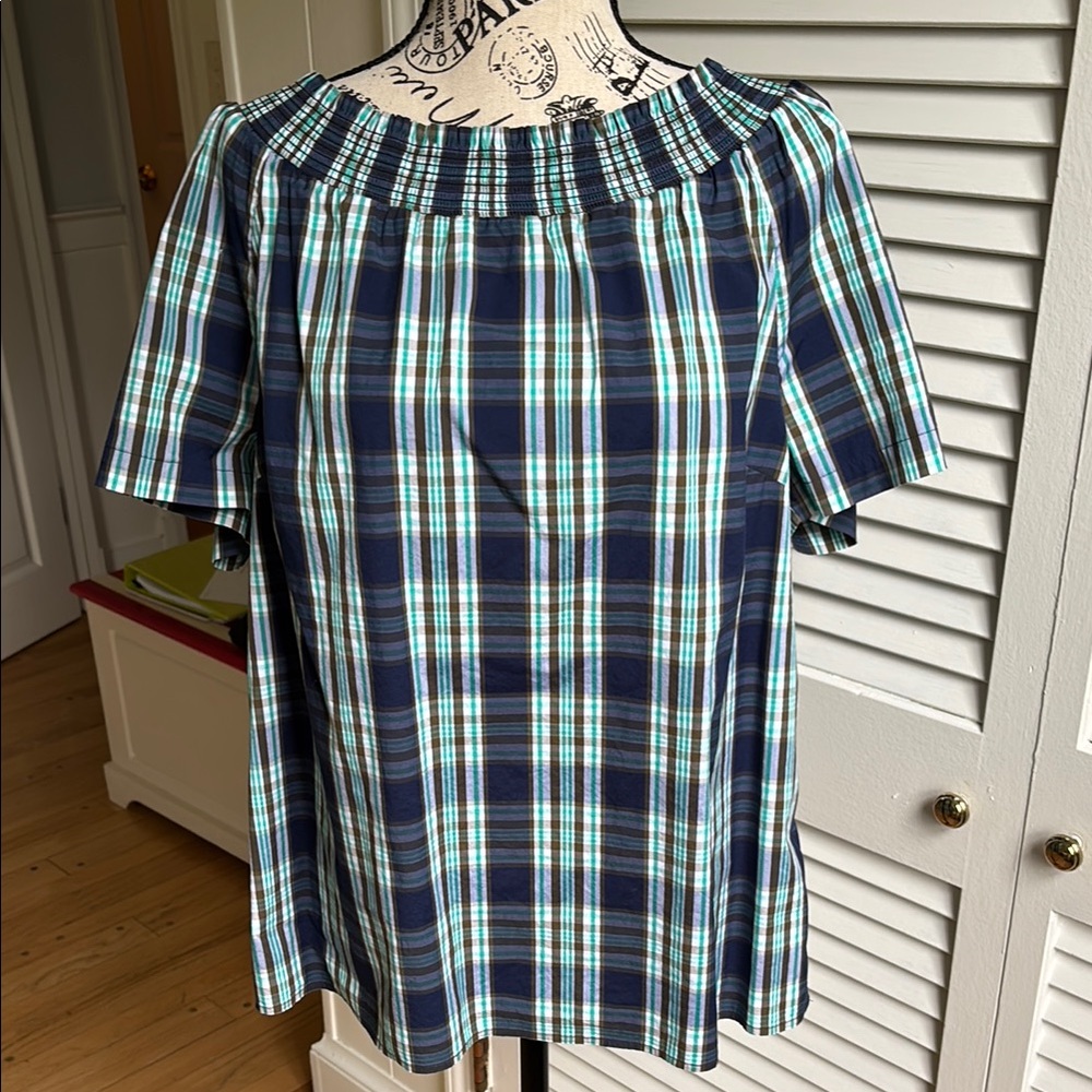 Talbots Plaid Smocked Neck Top L